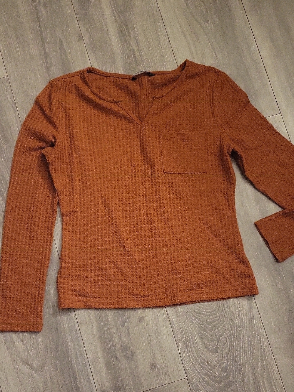 Waffle Knit Long Sleeve Top in Rust - Women's Casual Pullover